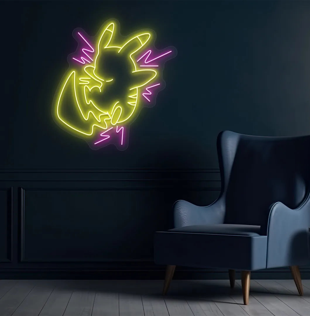 Cute Anime Pikachu neon sign mounted on modern bedroom wall in yellow & purple color.