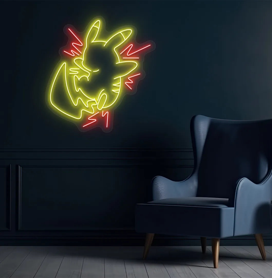 Image of an Anime-inspired Pikachu red neon sign glowing on decorative wall.