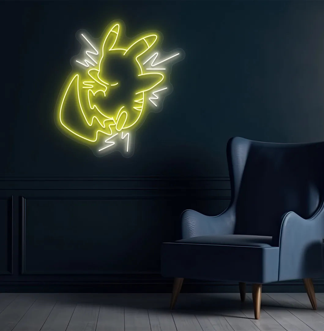 Cute Anime Pikachu neon sign mounted on modern bedroom wall in yellow & warm white color.