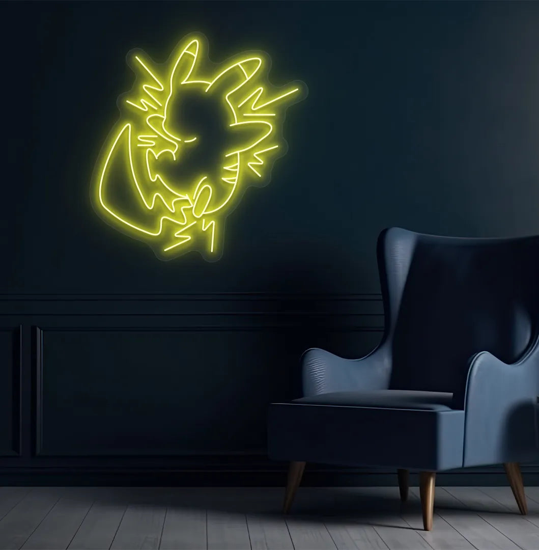 Cute Anime Pikachu neon sign mounted on modern bedroom wall in yellow & yellow color.