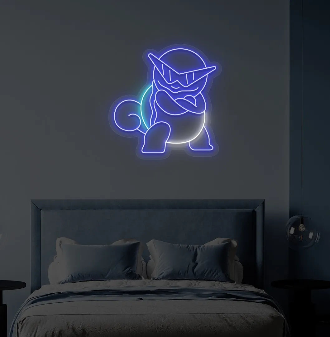 Trendy Anime Turtle neon sign mounted on modern bedroom wall in blue color.