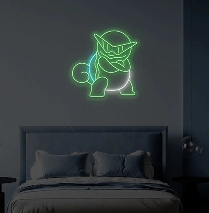 Image of an Anime-inspired turtle green neon sign glowing on decorative wall.