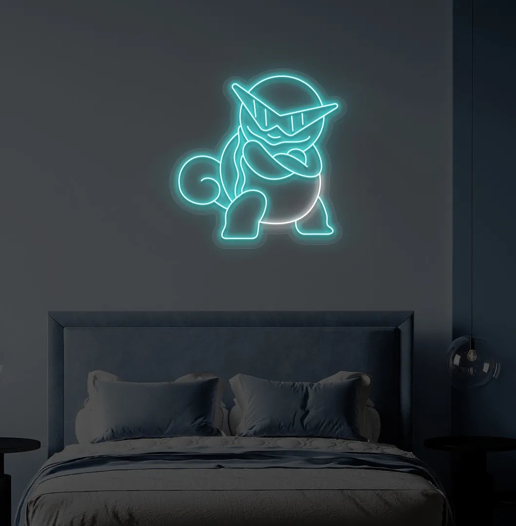 Trendy Anime Turtle neon sign mounted on modern bedroom wall in ice blue color.