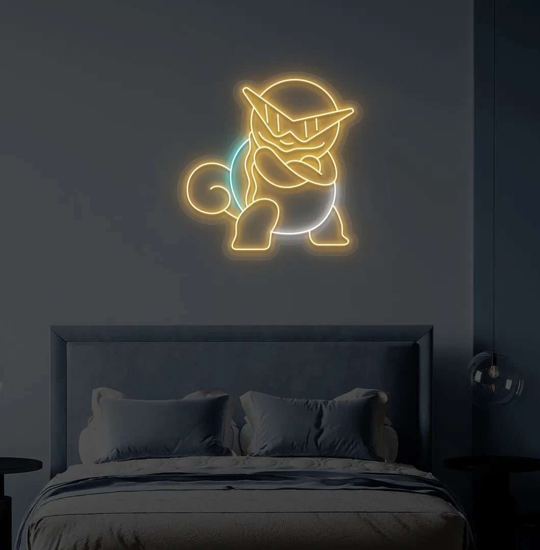 Image of an Anime-inspired turtle orange neon sign glowing on decorative wall.