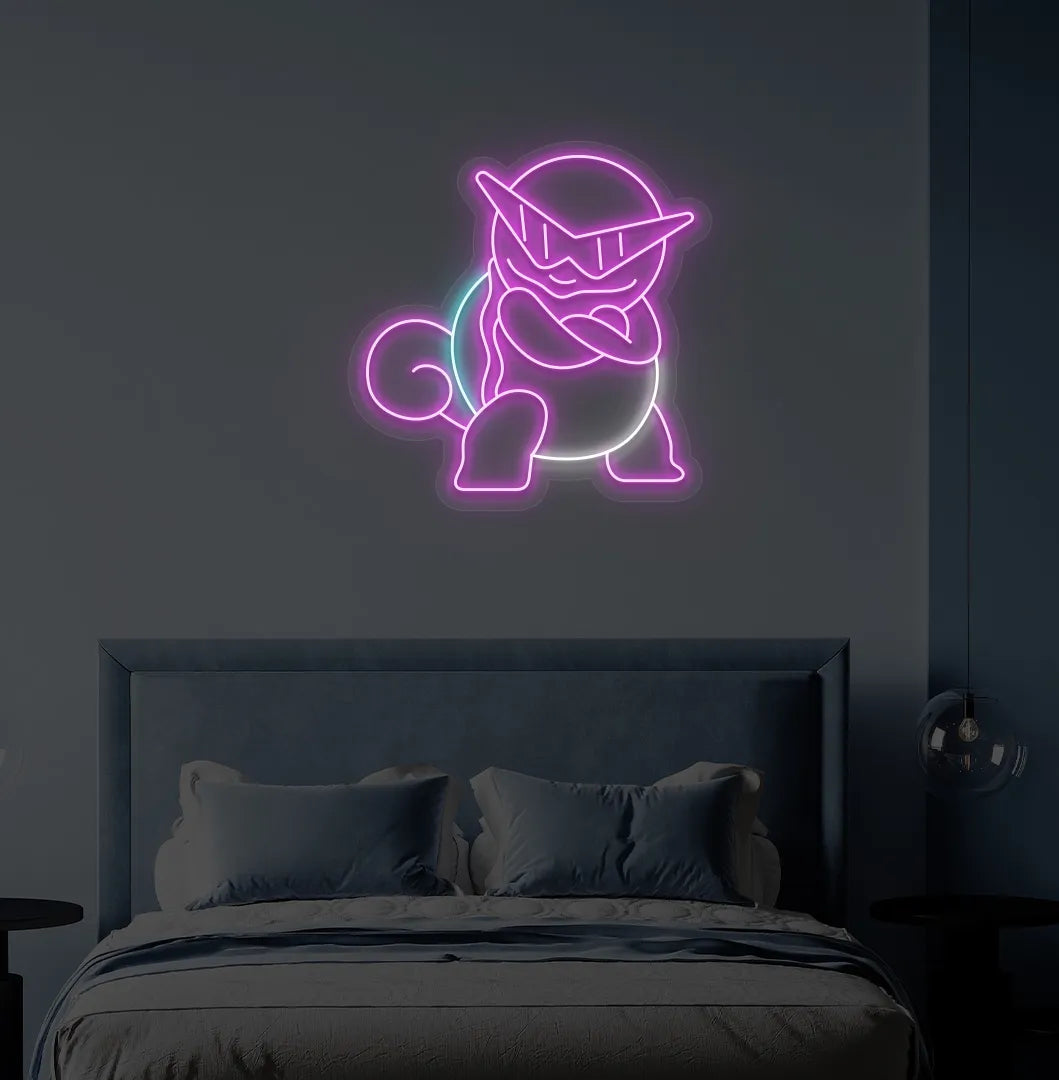 Trendy Anime Turtle neon sign mounted on modern bedroom wall in pink color.