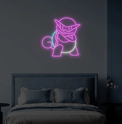 Trendy Anime Turtle neon sign mounted on modern bedroom wall in pink color.