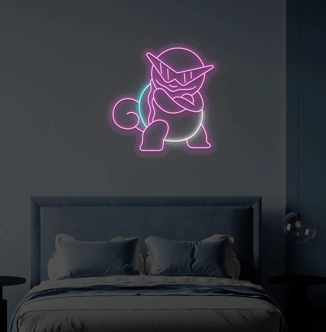 Image of an Anime-inspired turtle purple neon sign glowing on decorative wall.