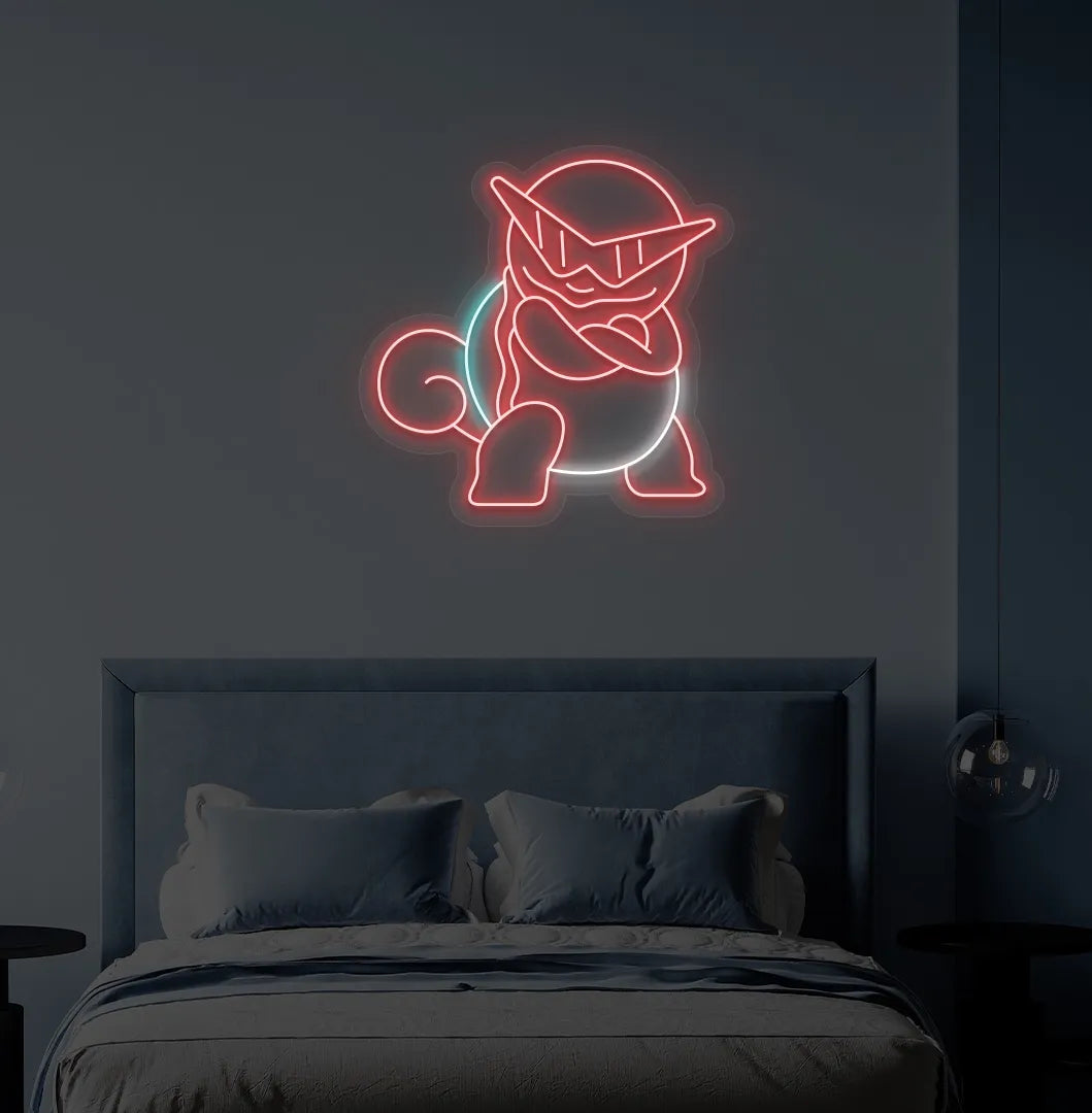 Trendy Anime Turtle neon sign mounted on modern bedroom wall in red color.