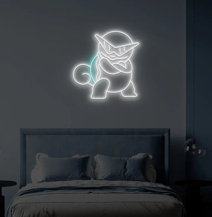 Trendy Anime Turtle neon sign mounted on modern bedroom wall in white color.