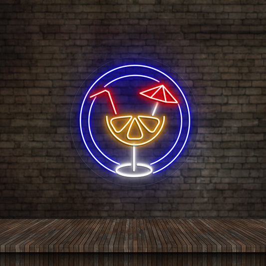 Image of an "Aperol" LED neon sign glowing on wall in blue color.