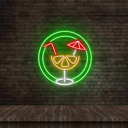 Lounge wall with "Aperol" LED neon sign glowing green.