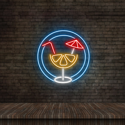 Image of an "Aperol" LED neon sign glowing on wall in ice blue color.