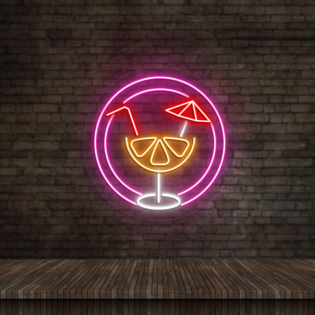 Lounge wall with "Aperol" LED neon sign glowing pink.