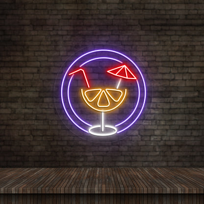 Image of an "Aperol" LED neon sign glowing on wall in purple color.