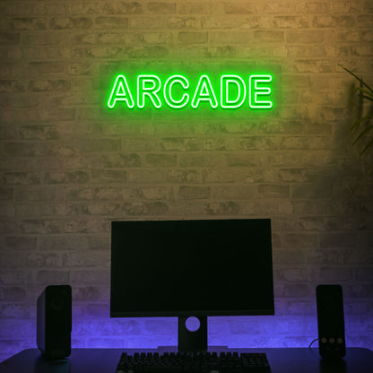 Gaming room wall with green LED arcade neon sign. Perfect for gaming setups, arcade zones, and streamer backgrounds.
