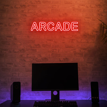 Gaming room wall with red LED arcade neon sign. Perfect for gaming setups, arcade zones, and streamer backgrounds.