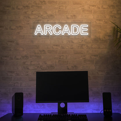 Gaming room wall with white LED arcade neon sign. Perfect for gaming setups, arcade zones, and streamer backgrounds.
