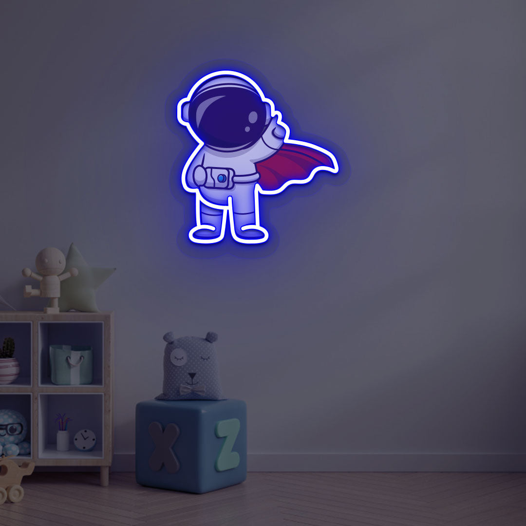 Image of a flying astronaut neon sign glowing on a kid's bedroom wall in blue color.
