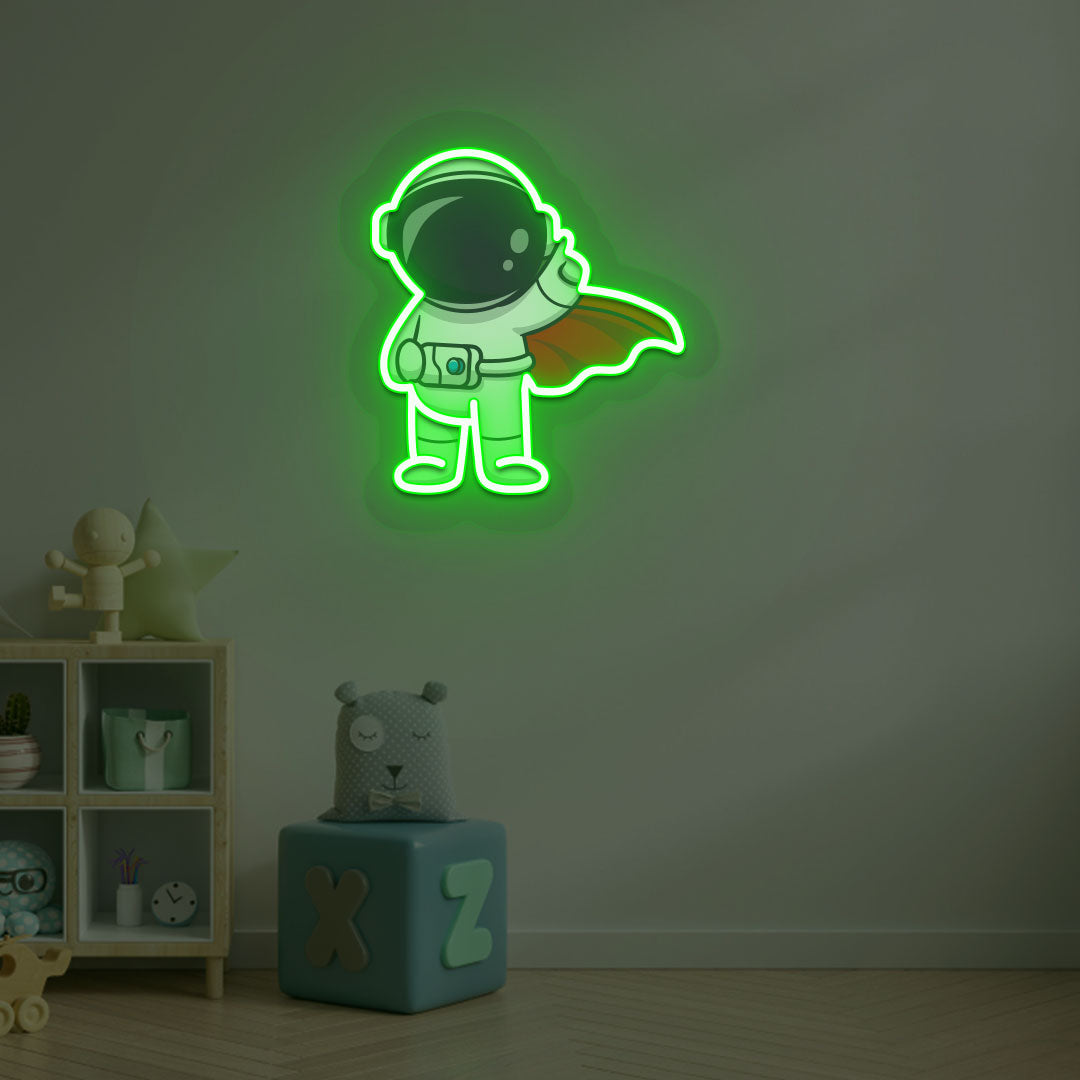 Playroom wall decor with a green LED astronaut flying neon sign. Perfect for kids’ rooms, nurseries, playrooms, space-themed interiors, and bedroom wall décor.