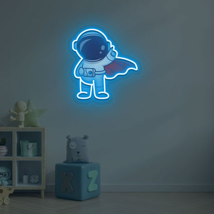 Playroom wall decor with an ice blue LED astronaut flying neon sign. Perfect for kids’ rooms, nurseries, playrooms, space-themed interiors, and bedroom wall décor.