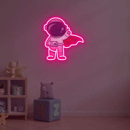 Playroom wall decor with a pink LED astronaut flying neon sign. Perfect for kids’ rooms, nurseries, playrooms, space-themed interiors, and bedroom wall décor.
