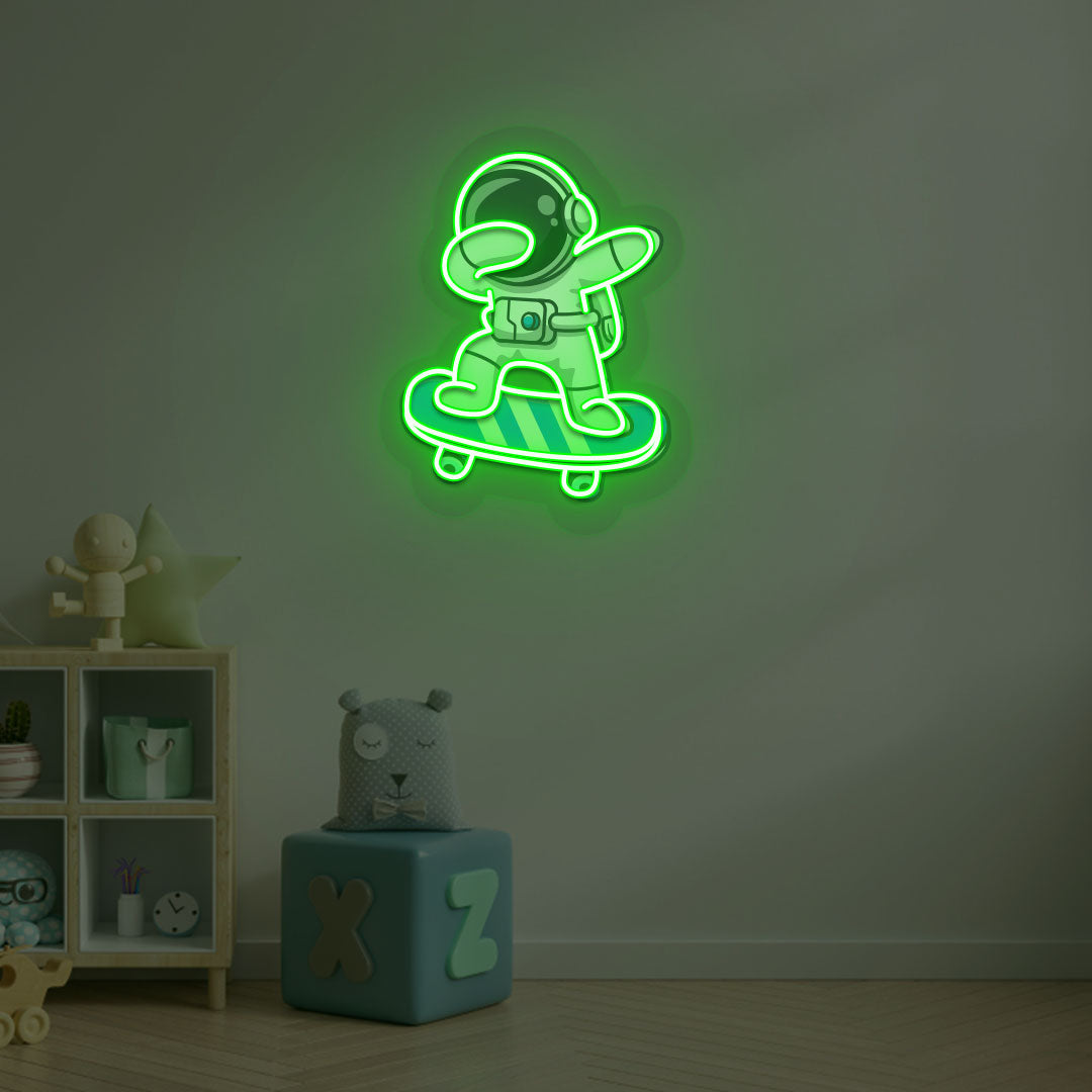 Image of an astronaut skateboard neon sign mounted on a kid's bedroom wall in green color.