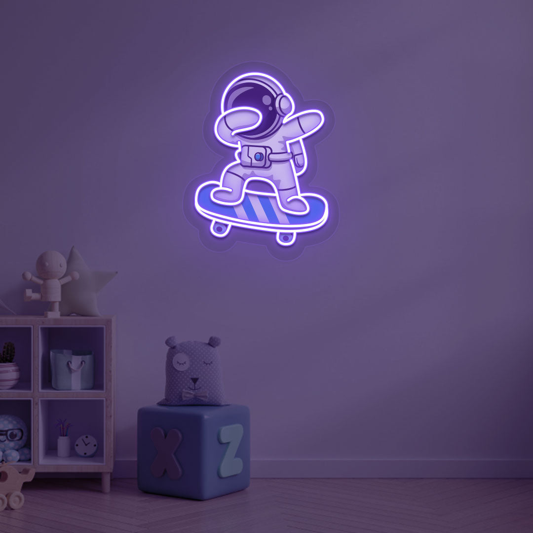 Space-themed kids' room wall with astronaut on skateboard neon sign in purple LED.