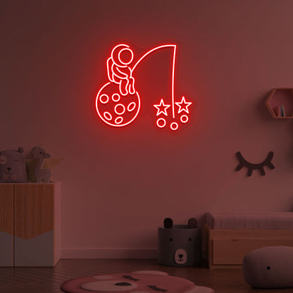 Image of an astronaut with a stars LED neon sign on a kid's room wall in red color.