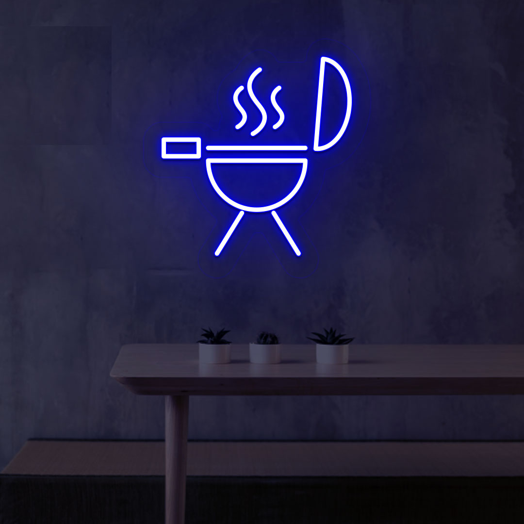 Stylish blue LED BBQ neon sign grill machine design mounted on wall.