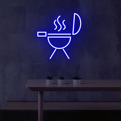 Stylish blue LED BBQ neon sign grill machine design mounted on wall.