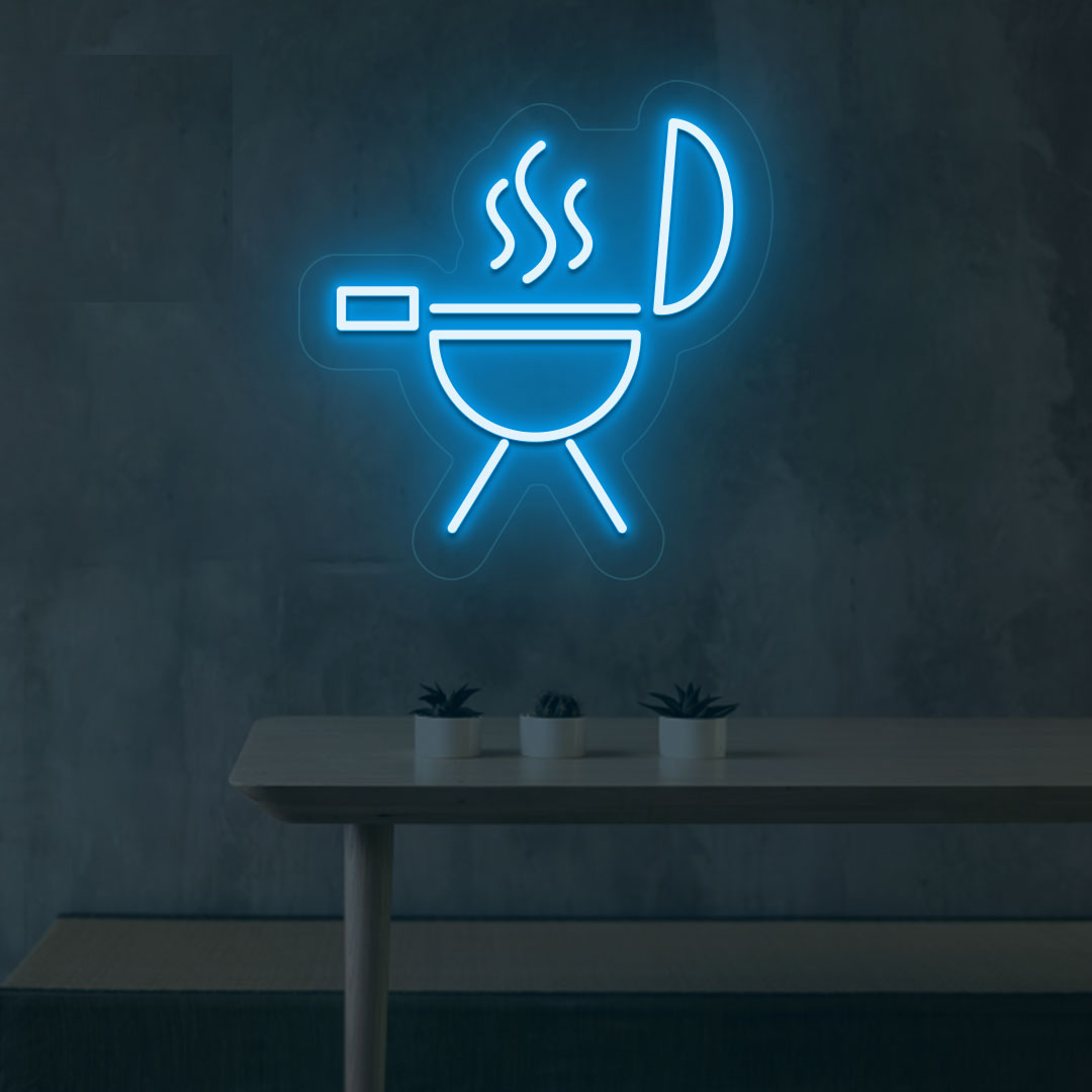 Barbeque wall decor with an ice blue LED BBQ neon sign and grill icon. Perfect for BBQ restaurants and food outlets.