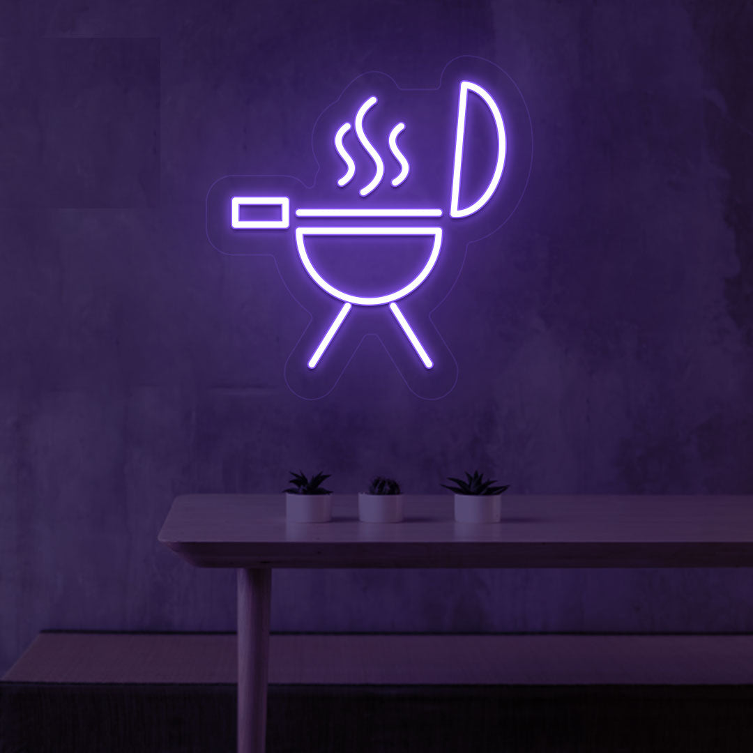 Barbeque wall decor with purple LED BBQ neon sign and grill icon. Perfect for BBQ restaurants and food outlets.