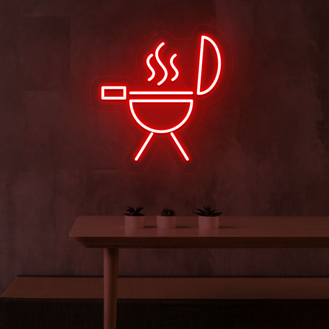 Stylish red LED BBQ neon sign grill machine design mounted on wall.