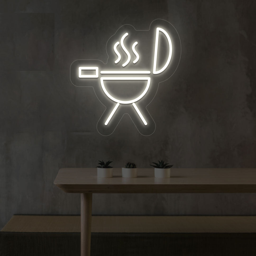 Barbeque wall decor with warm white LED BBQ neon sign and grill icon. Perfect for BBQ restaurants and food outlets.