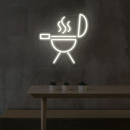 Barbeque wall decor with warm white LED BBQ neon sign and grill icon. Perfect for BBQ restaurants and food outlets.