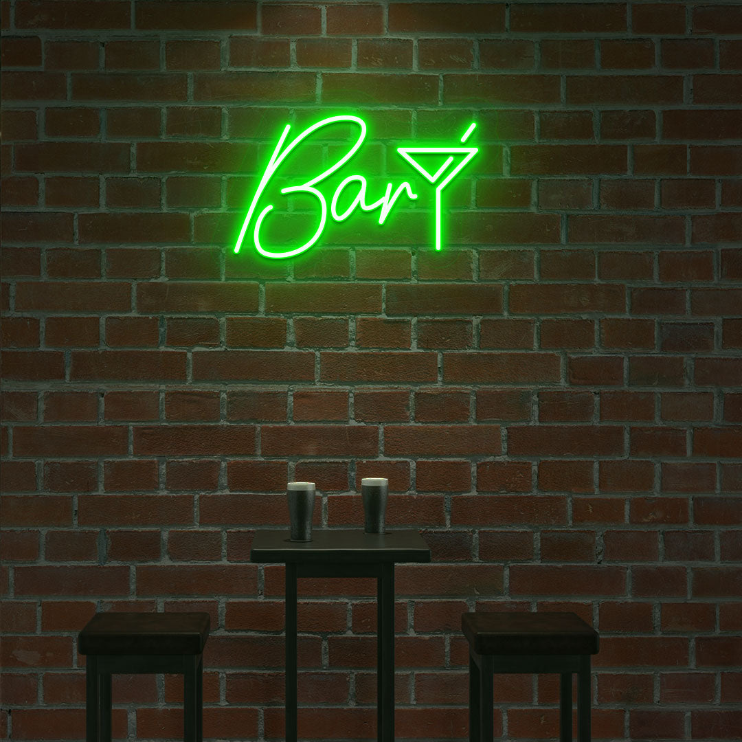 Image of a bar club LED neon sign with a glass icon glowing modernly in green color.
