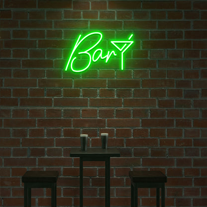 Image of a bar club LED neon sign with a glass icon glowing modernly in green color.