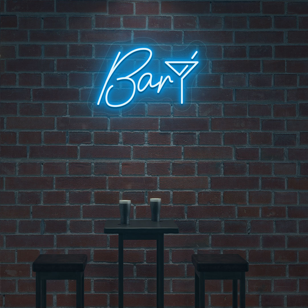 Image of a bar club LED neon sign with a glass icon glowing modernly in ice blue color.