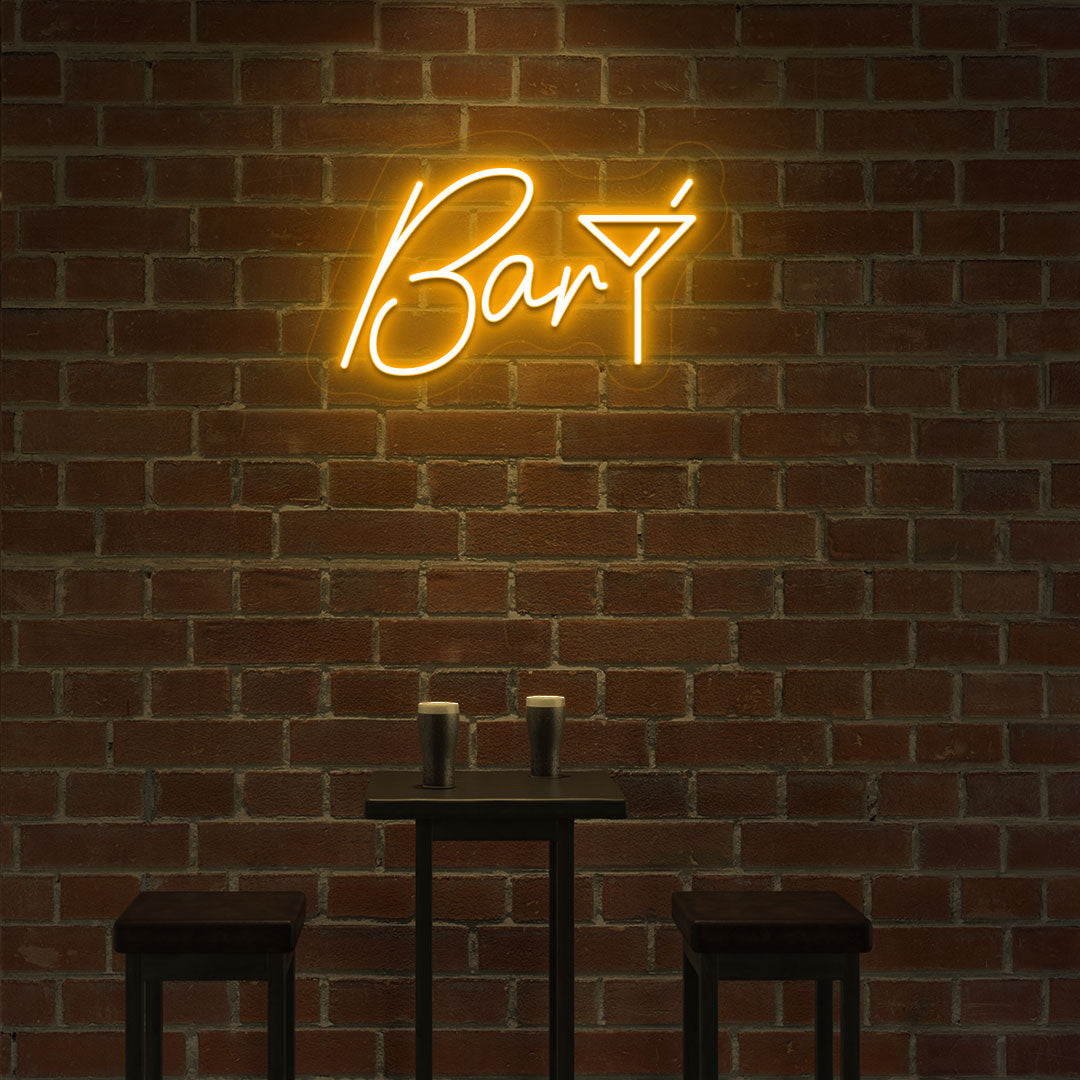 Nightclub wall decor with a bar club LED neon sign and cocktail glass in orange. perfect for bars, pubs, home bar setups, and party and event décor.