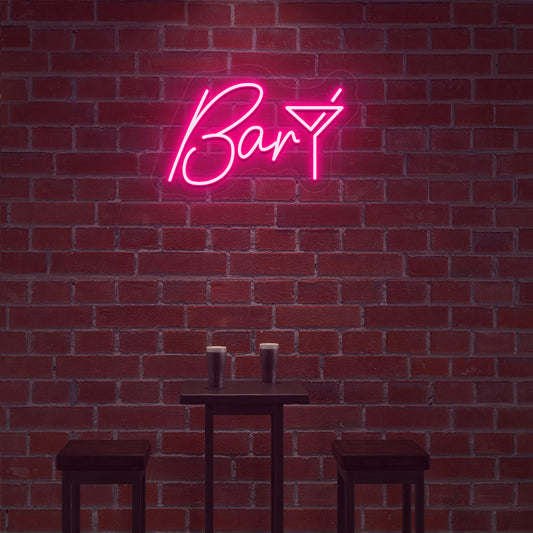 Image of a bar club LED neon sign with a glass icon glowing modernly in pink color.