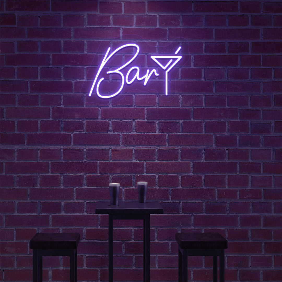 Nightclub wall decor with a bar club LED neon sign and cocktail glass in purple. perfect for bars, pubs, home bar setups, and party and event décor.