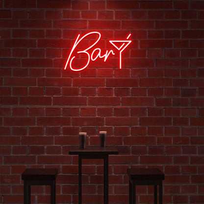 Image of a bar club LED neon sign with a glass icon glowing modernly in red color.
