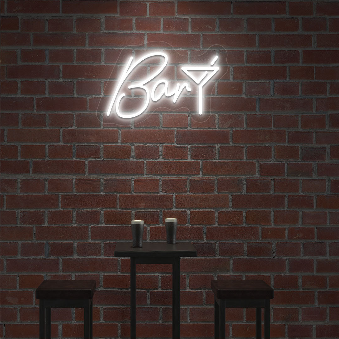 Image of a bar club LED neon sign with a glass icon glowing modernly in white color.