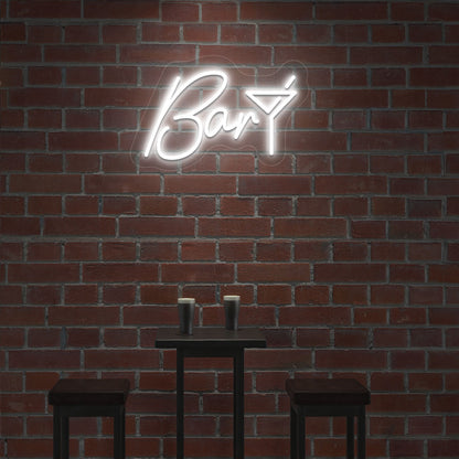 Image of a bar club LED neon sign with a glass icon glowing modernly in white color.