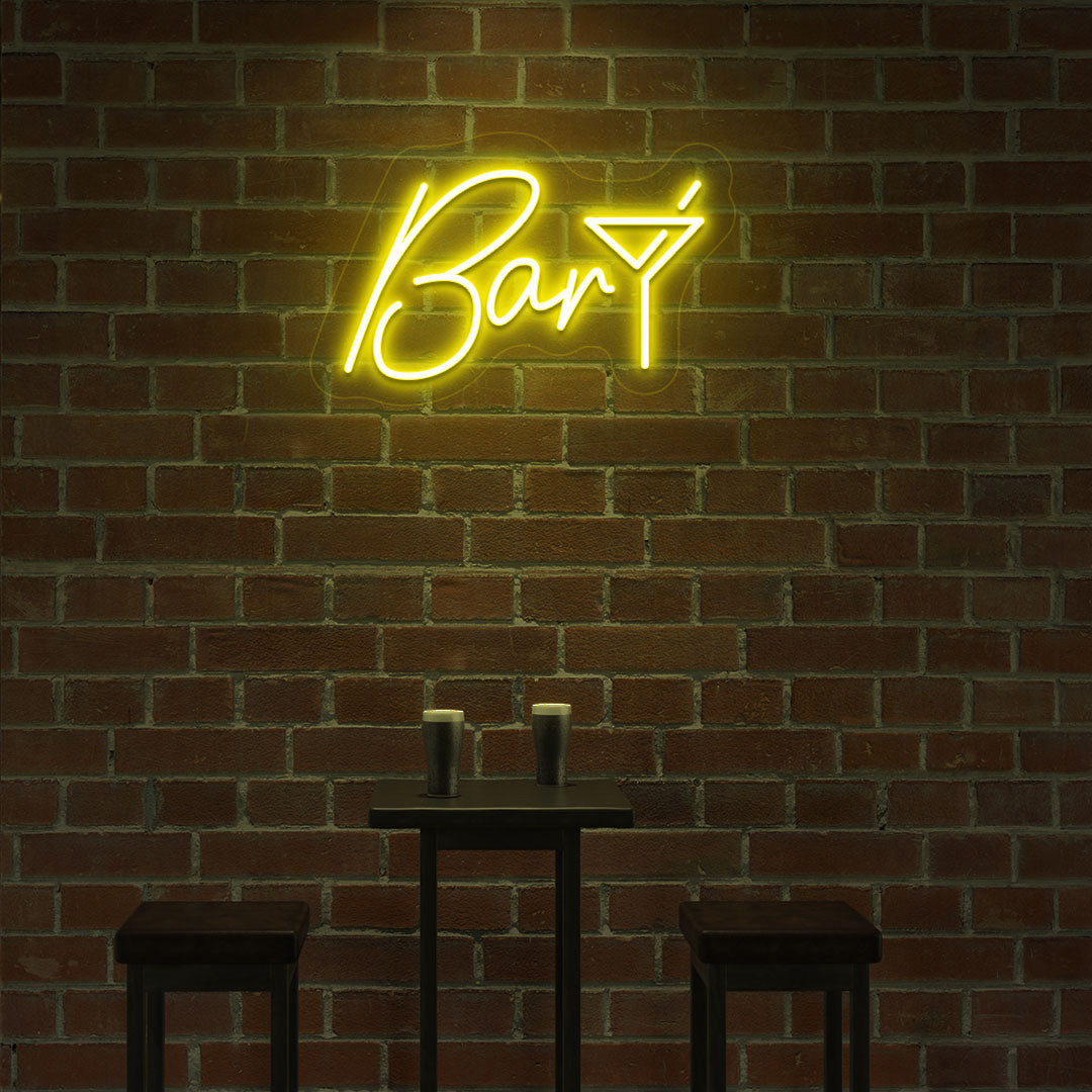 Nightclub wall decor with a bar club LED neon sign and cocktail glass in yellow. perfect for bars, pubs, home bar setups, and party and event décor.