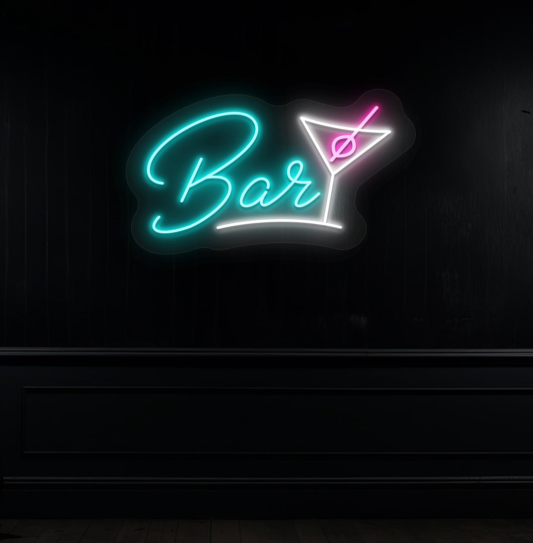 Image of a bar cocktail neon sign in ice blue LED glowing on a modern bar wall with a cocktail glass.