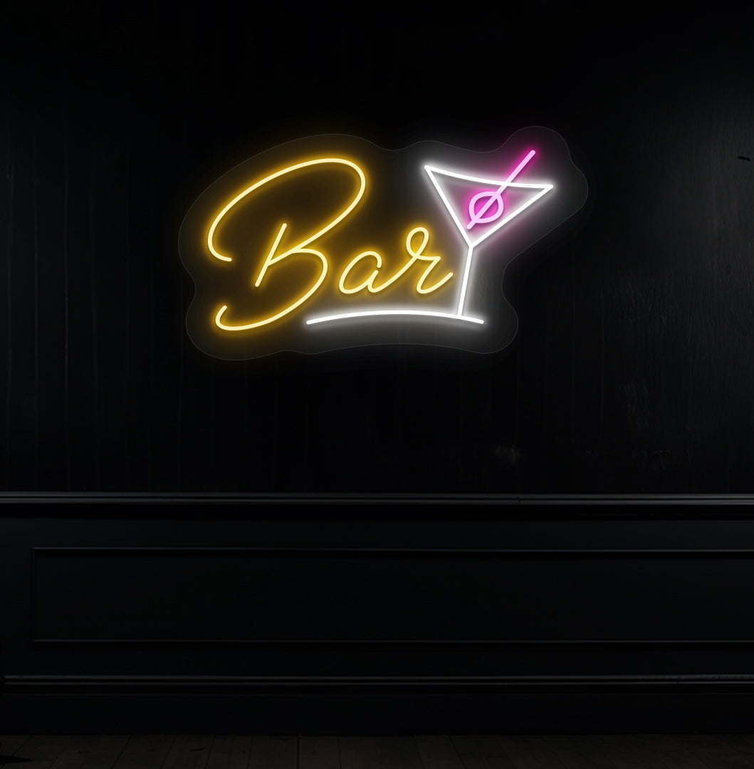 A stylish orange LED bar neon sign with a cocktail glass on a modern wall. perfect for bars, cocktail lounges, parties, and social media backdrops.