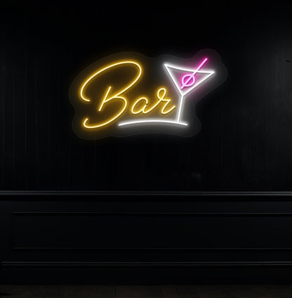 A stylish orange LED bar neon sign with a cocktail glass on a modern wall. perfect for bars, cocktail lounges, parties, and social media backdrops.