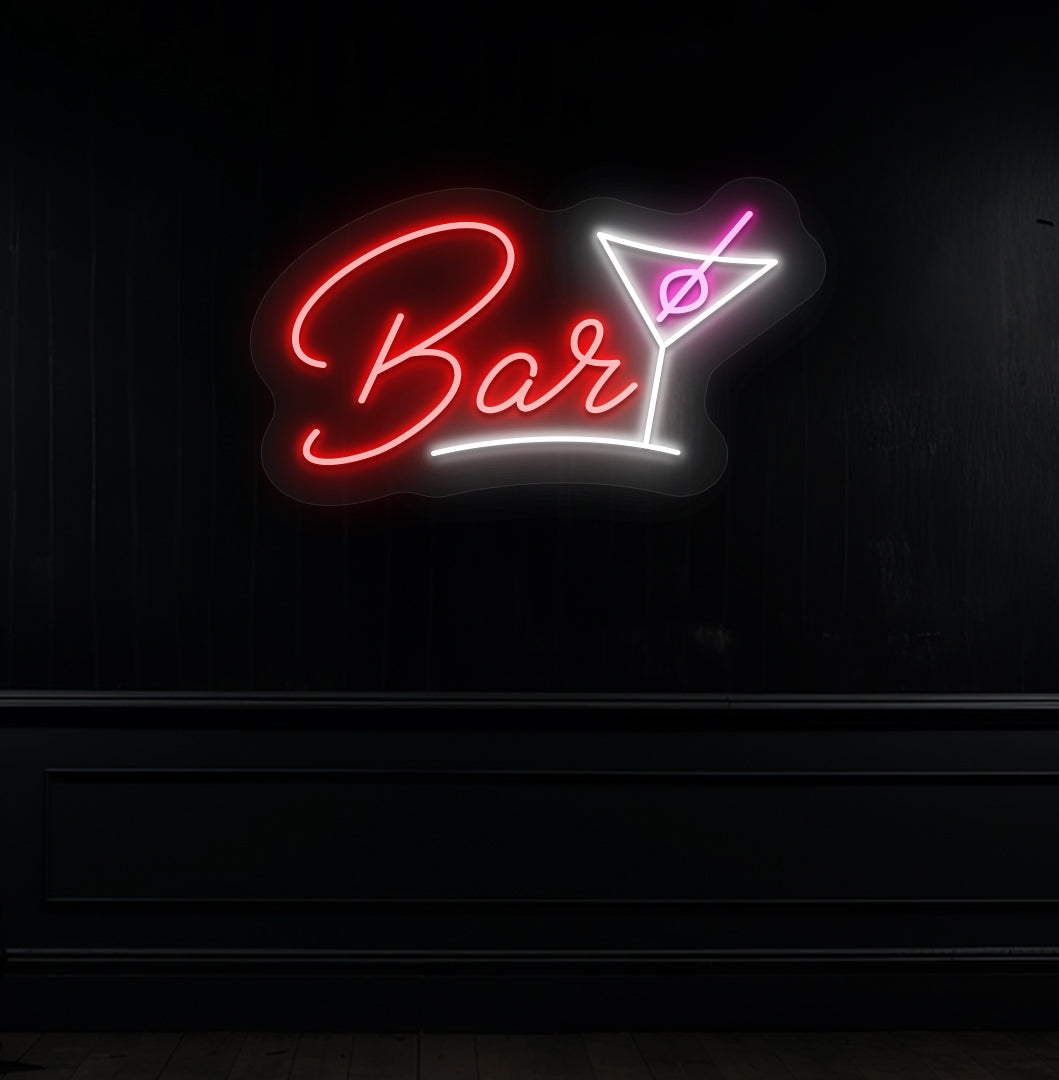A stylish red LED bar neon sign with a cocktail glass on a modern wall. perfect for bars, cocktail lounges, parties, and social media backdrops.