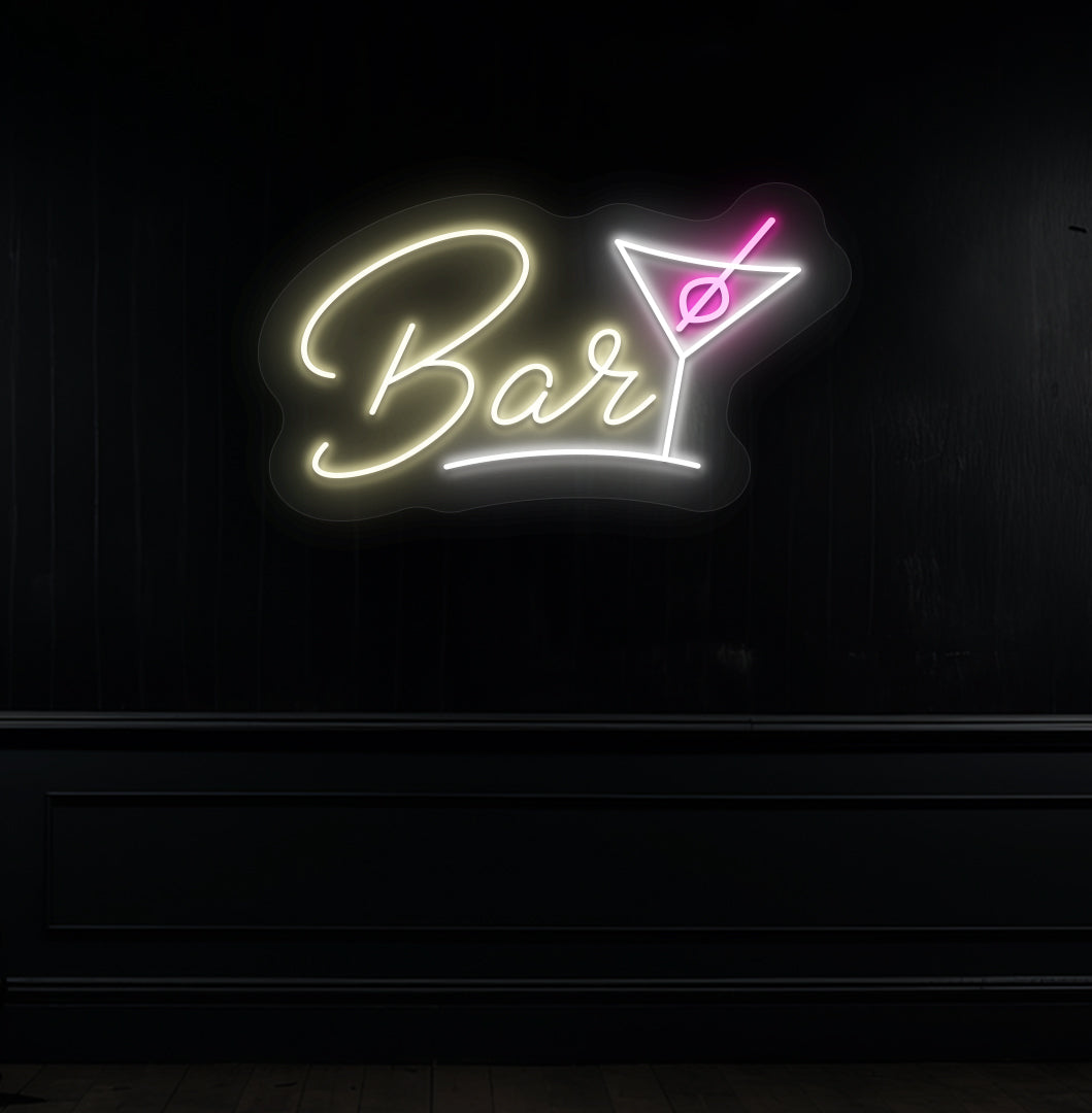 A stylish warm white LED bar neon sign with a cocktail glass on a modern wall. perfect for bars, cocktail lounges, parties, and social media backdrops.